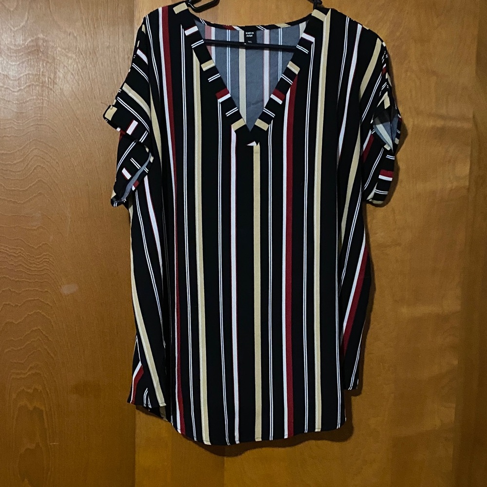 SHEIN Black and Red Striped V-Neck Blouse